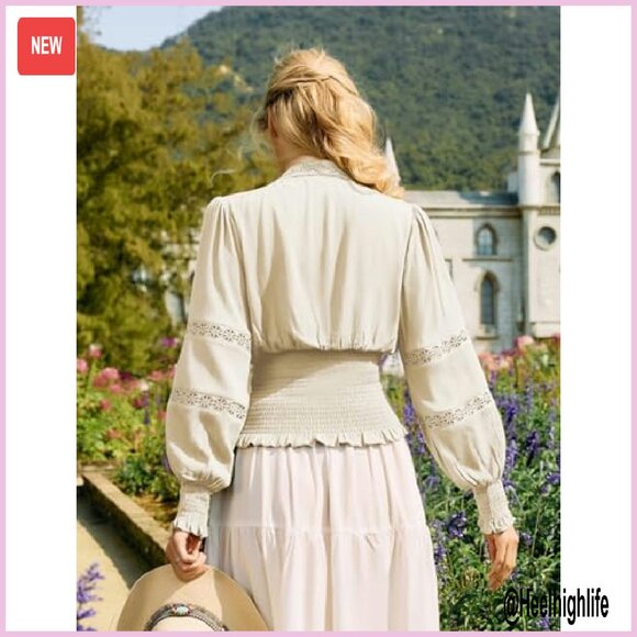 Renaissance Boho Blouse Long Sleeve V Neck Smocked Peasant Top - Picture 5 of 8